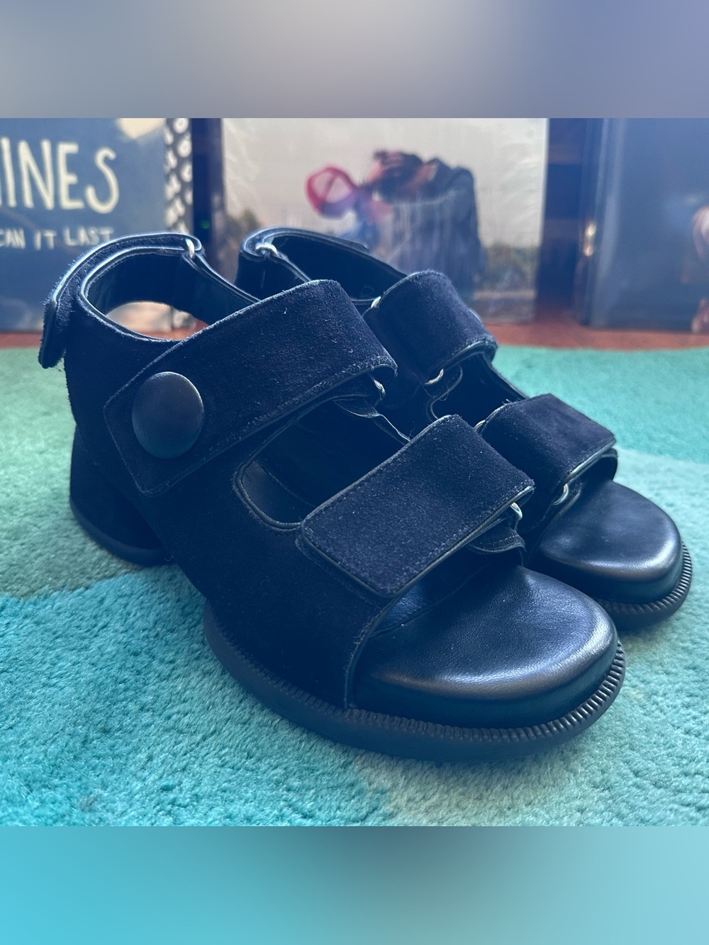 Fluevog EXCELLENT Thrillvogs Neve black suede Velcro strap slingback sandal- 8